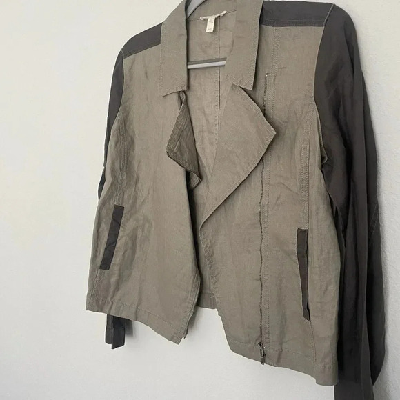 Eileen Fisher Moto Jacket Medium Brown Tan Organic Linen Zip Front - Picture 3 of 10